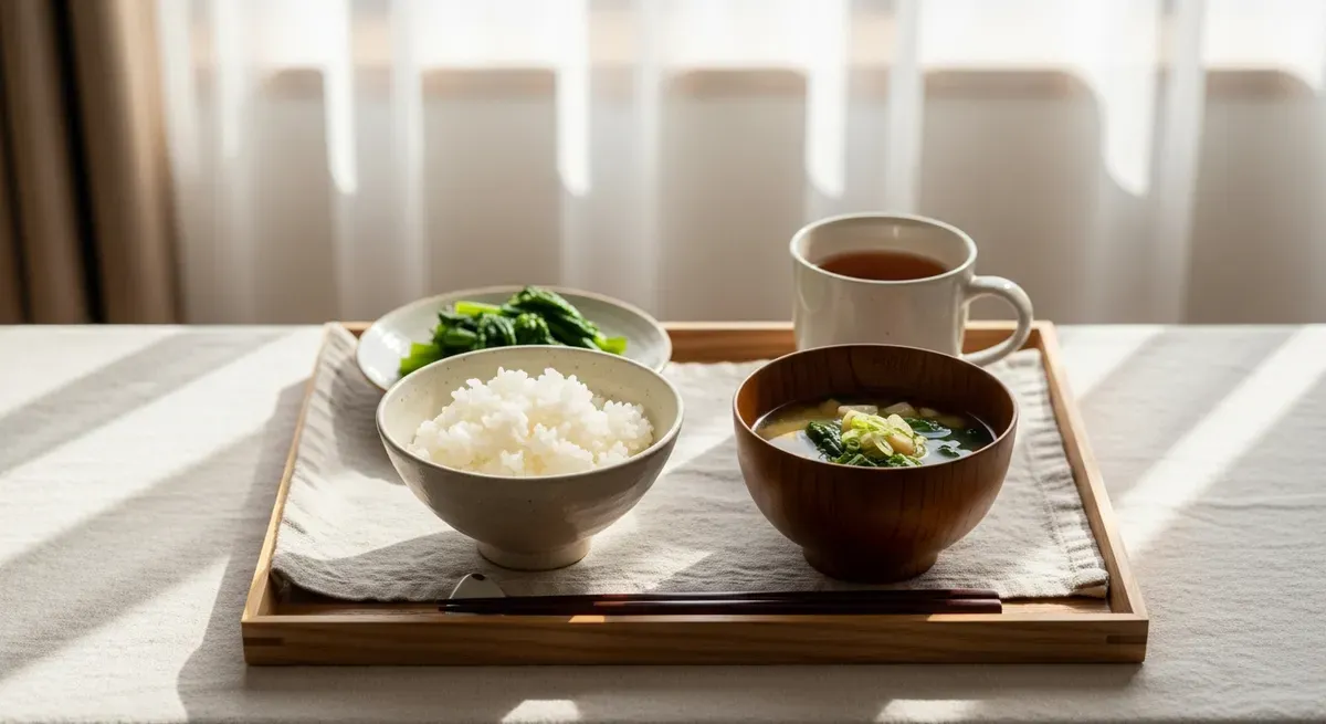 木のトレーにのせた一汁一菜の和朝食