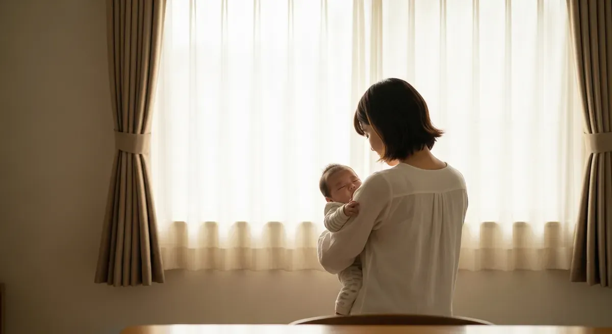 窓辺で赤ちゃんをやさしく抱く母親