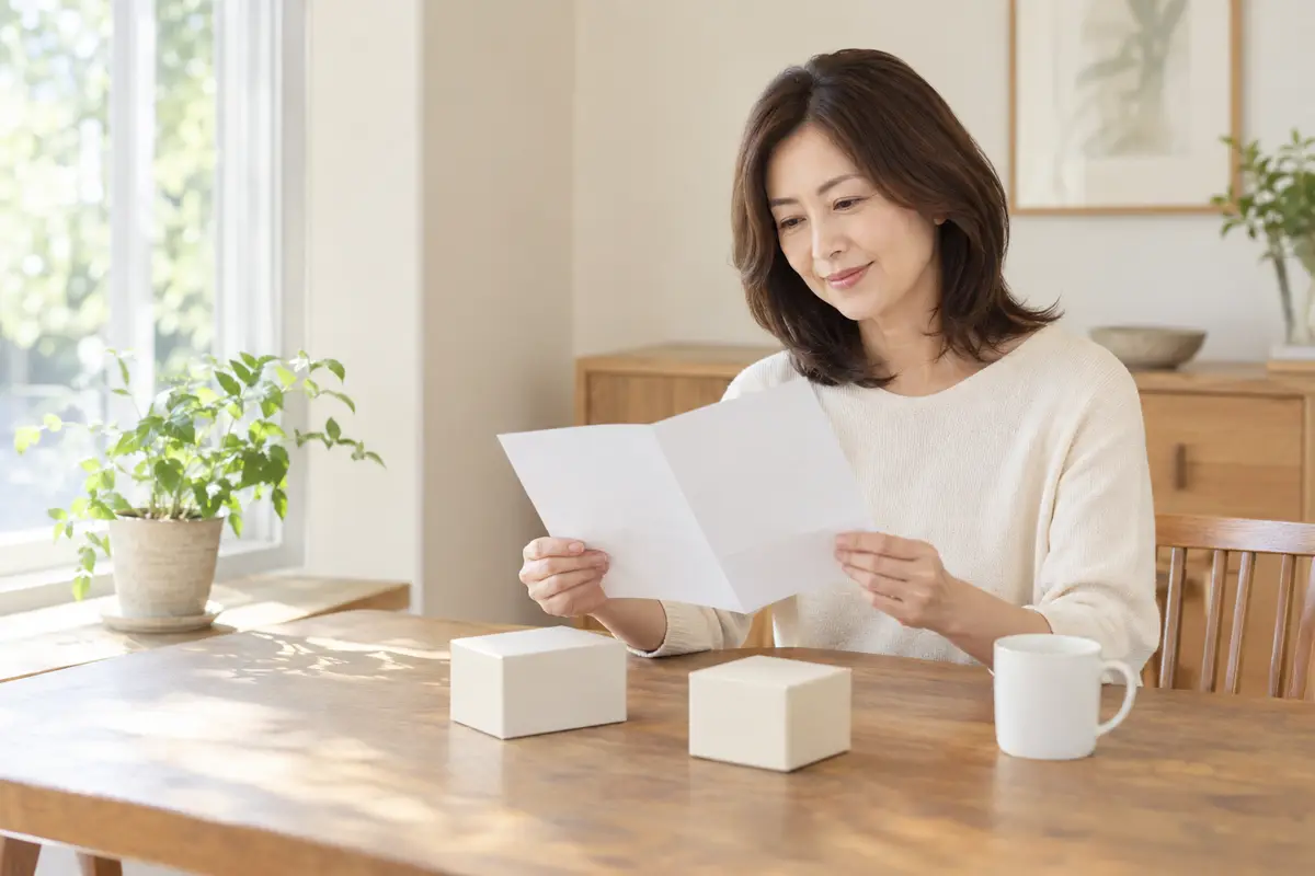 昼のやわらかな光が入るダイニングで、女性が木のテーブルの椅子に座り、折りたたまれた無地の説明書を両手で開いて読んでいる。テーブルには無地の小箱が2つと、白いマグが置かれている