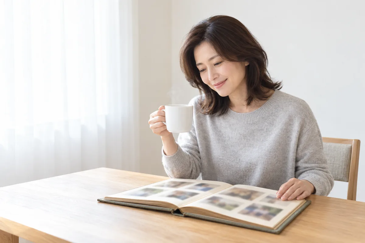 白いカーテン越しにやわらかな光が入るダイニングで、女性が明るい木のテーブルに古い家族アルバムを開き、湯気の立つ白いマグカップを手に小さく微笑んでいる写真のイメージ。もう片方の手はアルバムのページに添えている。アルバムの写真は小さくぼかされ、写っている人の髪の様子は分からない。母や祖母の髪から遺伝が気になっても、それを自分の先の決まりにしないという主題を表している。