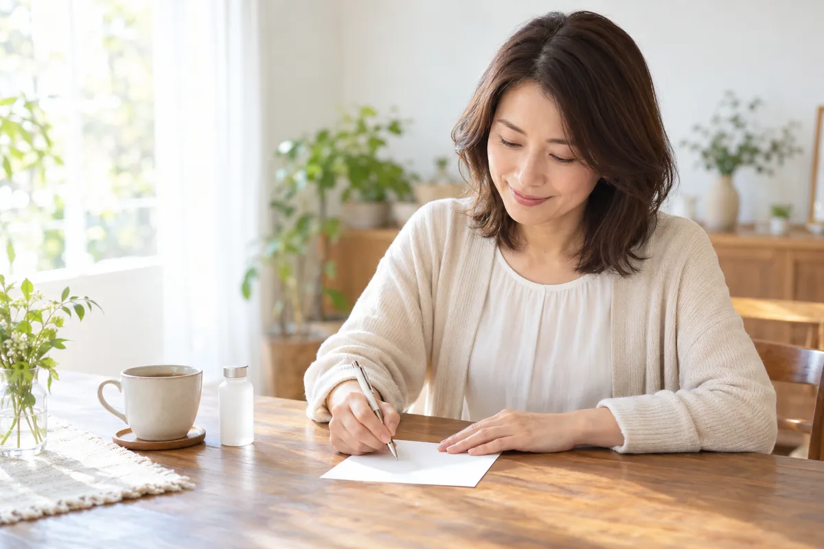 朝のダイニングで、使う段取りをメモに書き出す40代の女性