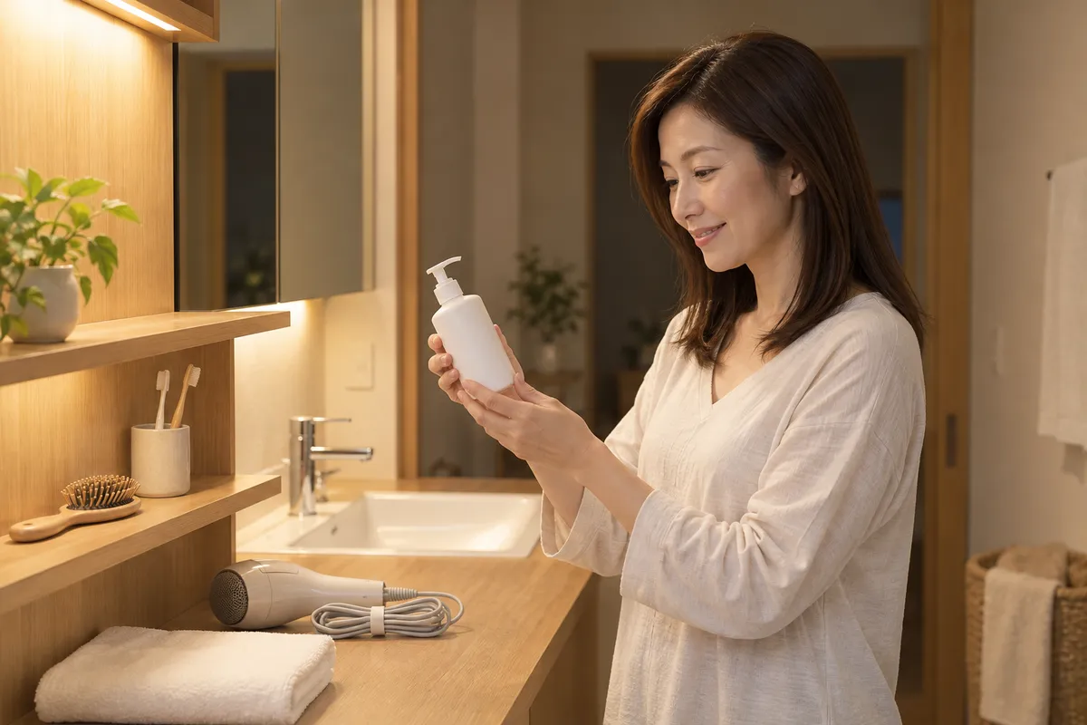 女性用育毛剤を使う時間帯に、夜を選んだ場面のイメージ。夜の暖かな灯りの洗面所で、髪を乾かし終えた女性が、無地の白いポンプ式ボトルを1本、両手で持ってほほえんでいる。カウンターには、コードをまとめたドライヤーと畳んだタオルが置かれている
