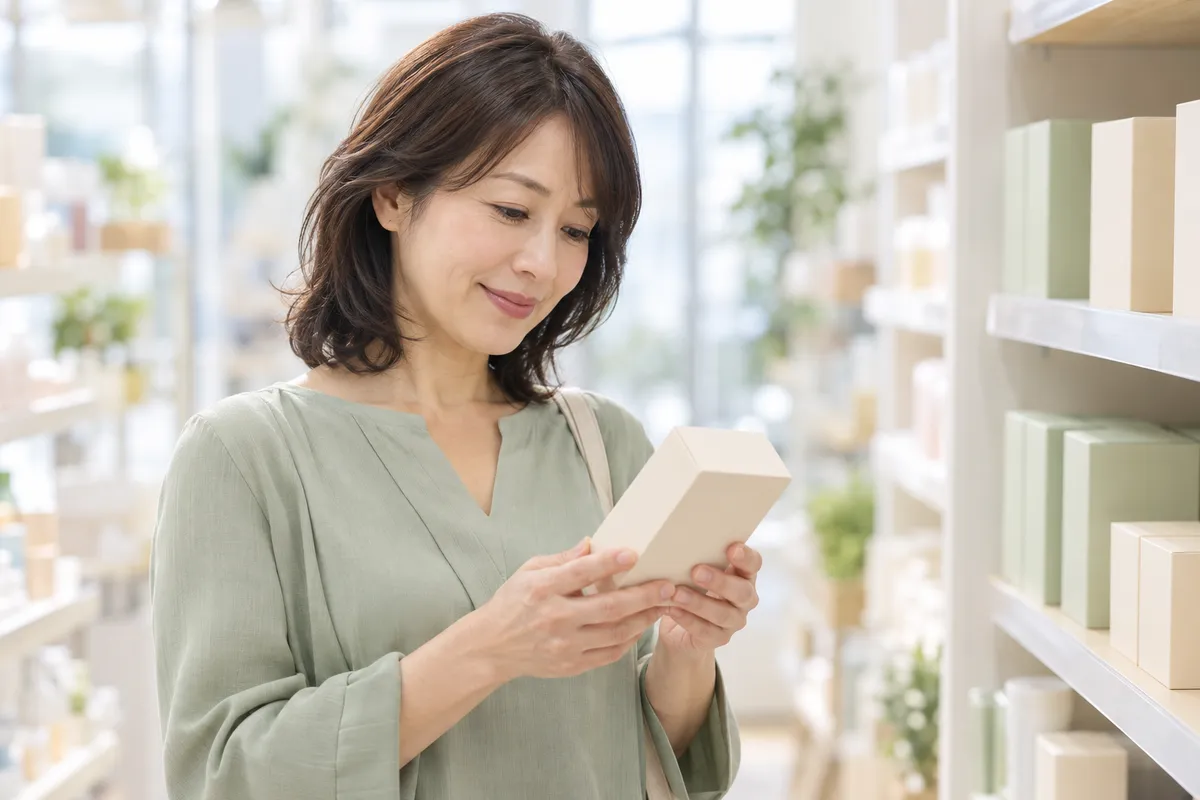 ドラッグストアの売り場で、無地の箱を手に取り側面の表示を読む40代の女性