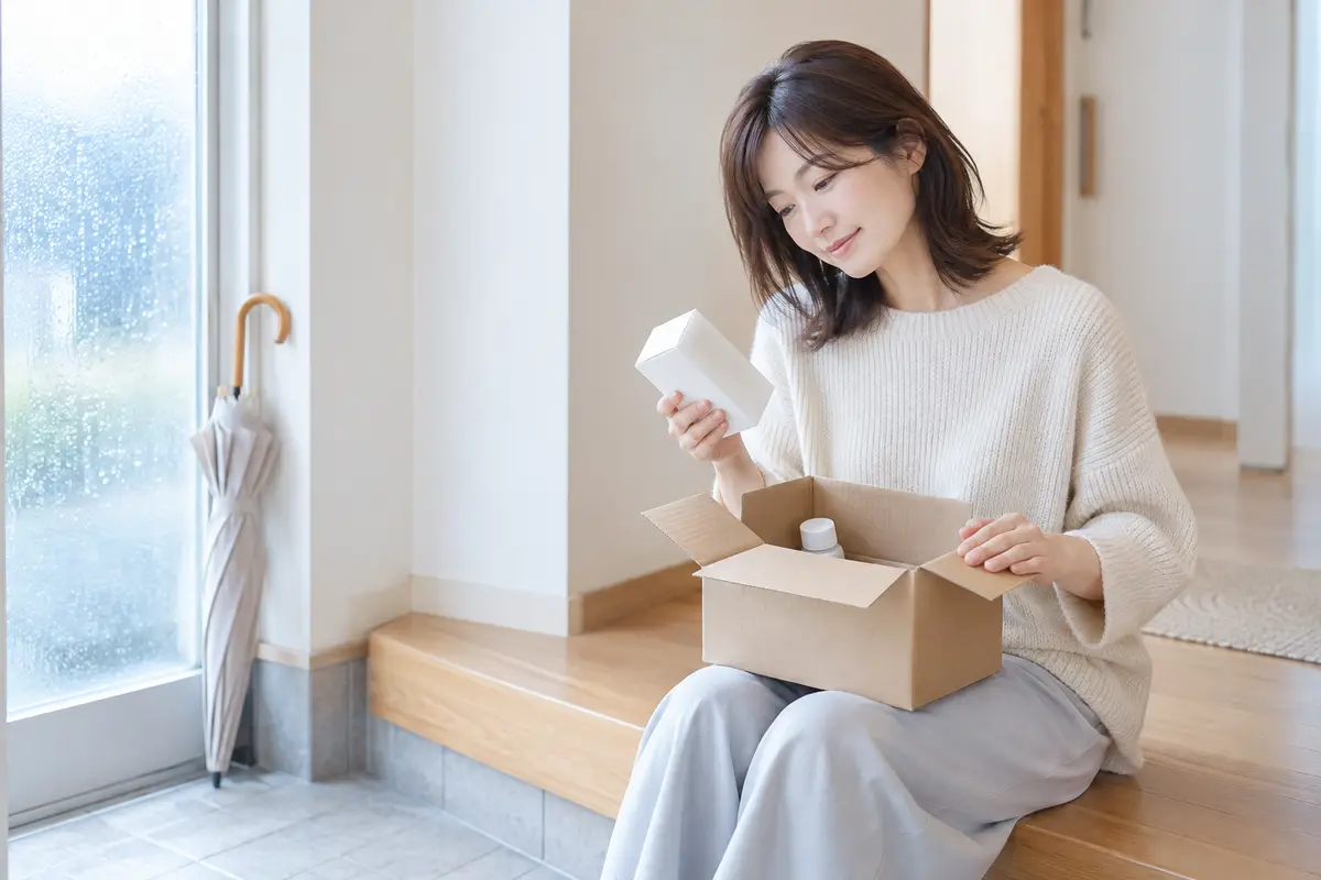 人参エキスのように漢字で書かれた成分名を、頭皮に使う製品の箱の側面で確かめる場面を描いたイメージ。雨の日の午後、自宅の玄関で、女性が明るい木の上がり框に腰かけている。雨粒のついたガラス窓から、やわらかな光が入る。膝の上の段ボールから出した無地の白い小箱を右手で持ち、ほほえんで側面を見ている。左手は段ボールのふちに添え、段ボールの中には文字のない細身のボトルが1本見える。左の壁際には、畳んだ淡い灰色の傘が立てかけてある。