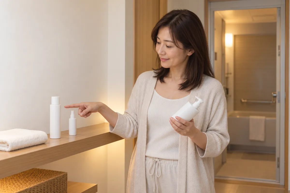 グリチルリチン酸2Kのように、同じ成分名をいろいろな製品で見かける場面のイメージ。夕方の暖かい灯りが入る脱衣所で、木の棚に文字のない容器が2つ並び、カーディガン姿の女性がポンプ付きのボトルを手に持ち、棚の細身のボトルを指して見比べている