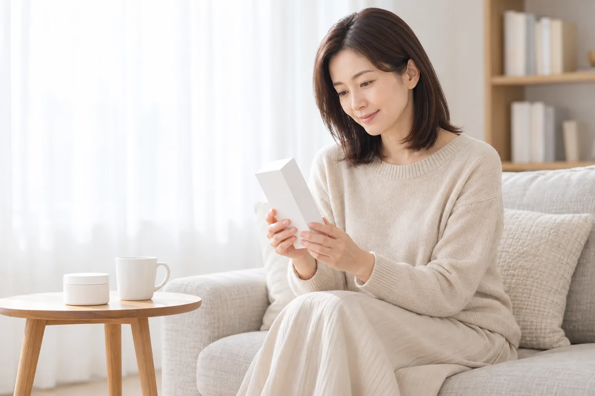D-パントテニルアルコールのように、成分表で見つけた名前を、別の製品で見た名前と照らし合わせる場面のイメージ。午前のやわらかな光が入るリビングで、女性がソファに浅く腰かけている。胸の前で両手に持った文字のない小箱の側面に目を落としている。横の木のサイドテーブルには、文字のない広口のクリーム容器と白いマグが置かれている