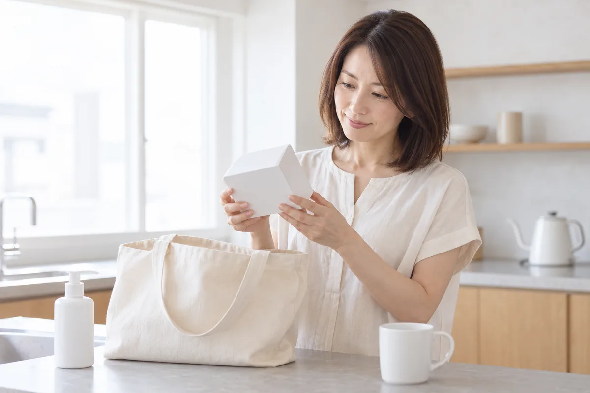 サリチル酸のように、見覚えのある成分名を頭皮に使う製品の箱で見つける場面のイメージ。休日の昼、自然光が入るキッチンのカウンター。半袖のブラウス姿の女性が、エコバッグから出したばかりの文字のない小箱を両手で持ち、側面に目を落としている。手前には、文字のないポンプ付きのボトルと白いマグが置かれている