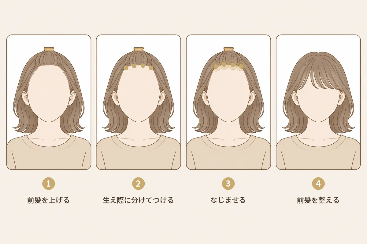 前髪の育毛剤の塗り方を4つの手順で示す図解。顔の細部を描かないイラストの女性が4つの枠に並ぶ。「1 前髪を上げる」は、前髪を頭の上でクリップに留め、生え際を出した姿。「2 生え際に分けてつける」は、生え際の線上に点が数か所並ぶ。「3 なじませる」は、生え際の線上の点の周りに柔らかい輪が描かれる。「4 前髪を整える」は、前髪を下ろした姿