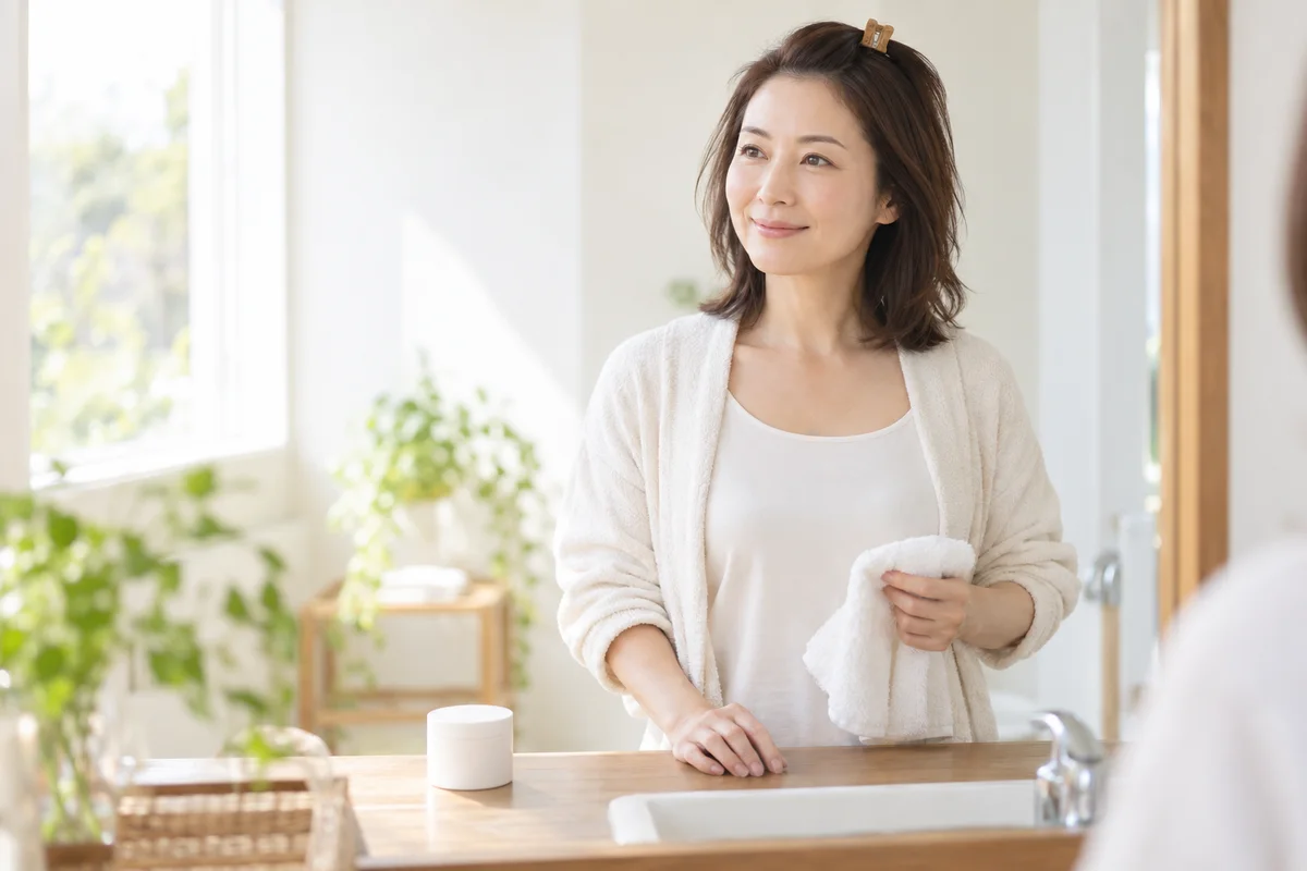 朝の光が入る洗面台の鏡の前で、前髪を上げて頭の上でクリップに留めた40代の女性。片手をカウンターに置き、もう片方の手にタオルを持つ。カウンターに無地の白い容器が1つある