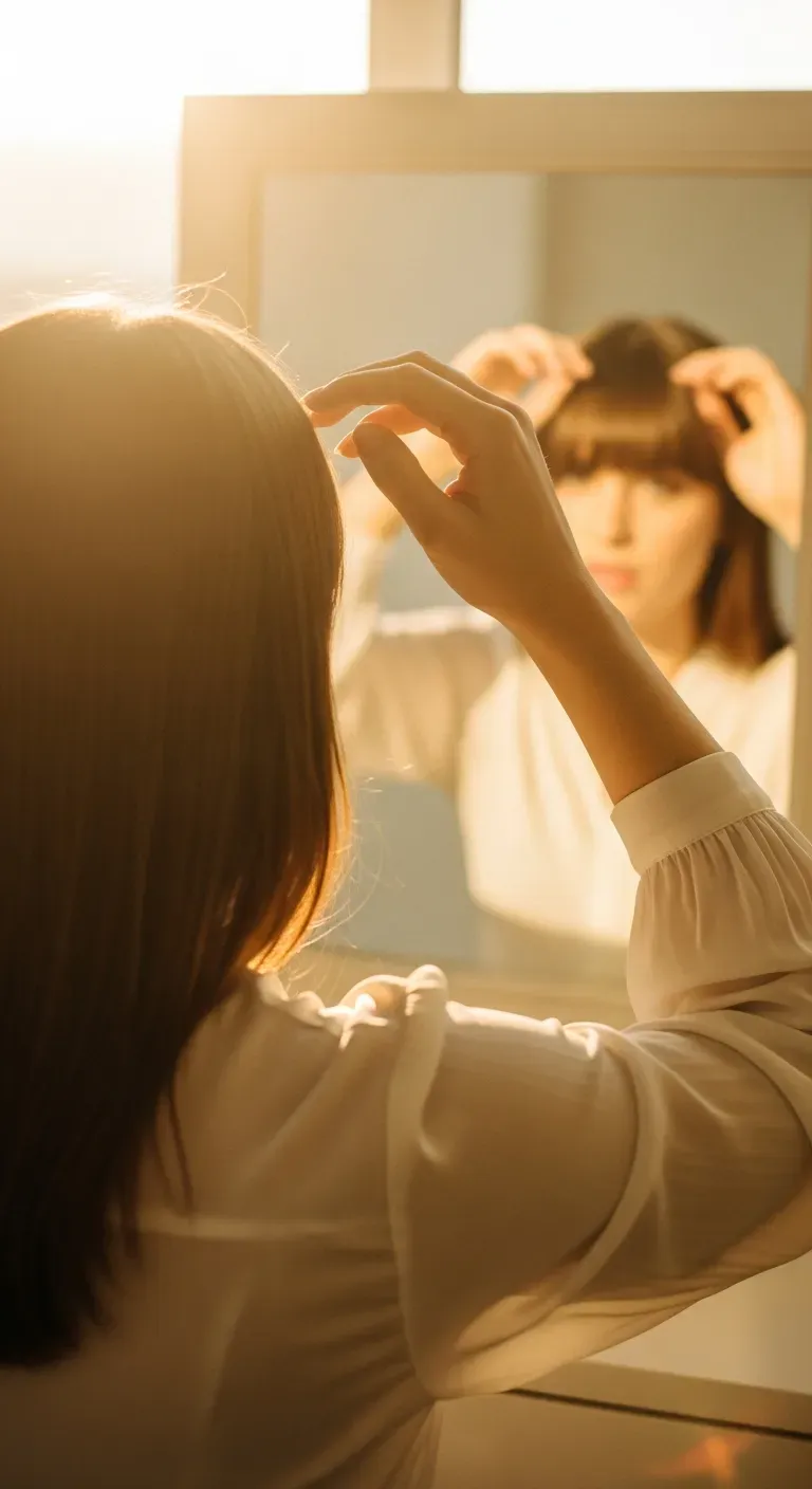 鏡の前で前髪を整える女性