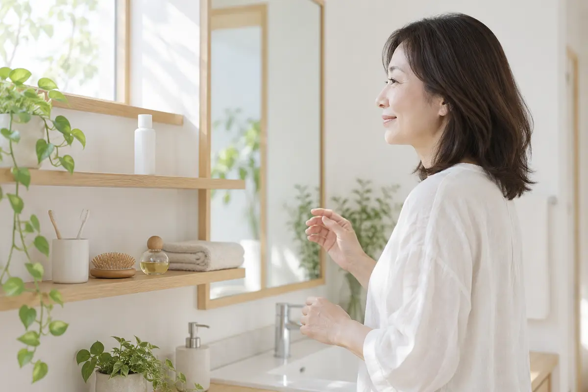 朝の光が入る洗面所で、女性が鏡の横の木の棚に、無地の白いボトルを1本置いて手を離したところ。棚の下段には、歯ブラシのコップ、ブラシ、オイルの小瓶、タオルが並んでいる