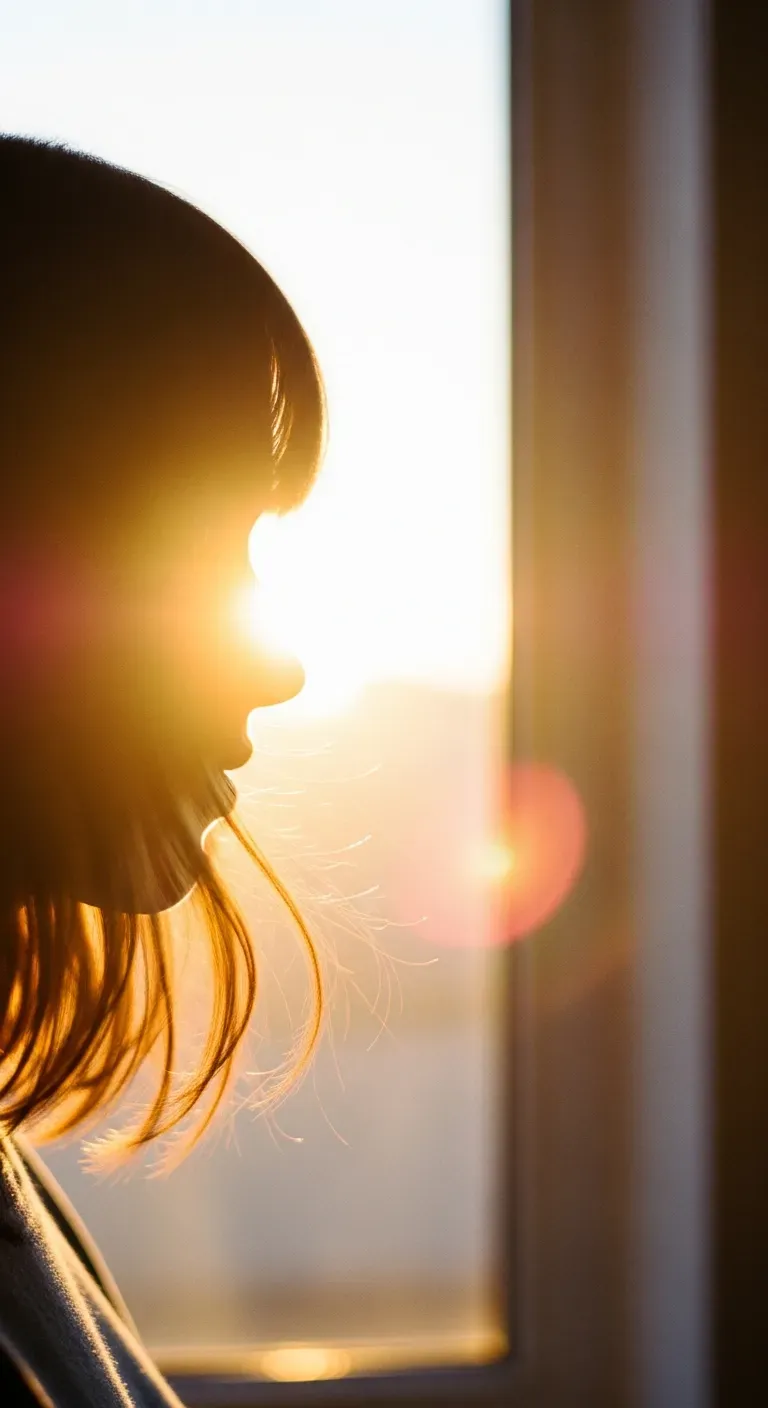 朝の窓辺で髪に光が差す女性の横顔
