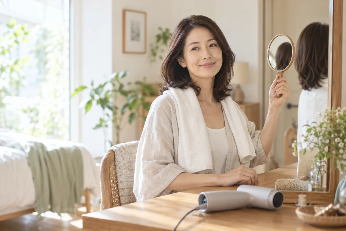 窓の光が入る部屋で、ドレッサーに向かう40代の女性が、手鏡を顔の横に掲げて微笑んでいる。肩に白いタオルをかけ、手元にドライヤーがある。右側には大きな鏡があり、肩までの髪の後ろ姿が映り込んでいる
