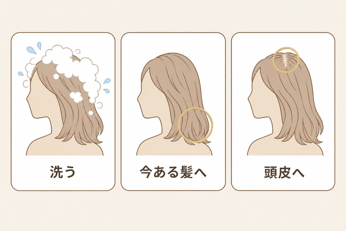頭皮用美容液の置き場所を示す図解。横顔の女性を描いた3つの枠が並ぶ。「洗う」は泡が頭全体を包み、「今ある髪へ」は毛先を円で囲み、「頭皮へ」は頭頂の分け目を円で囲む。順番ではなく、使う場所の違いを示している