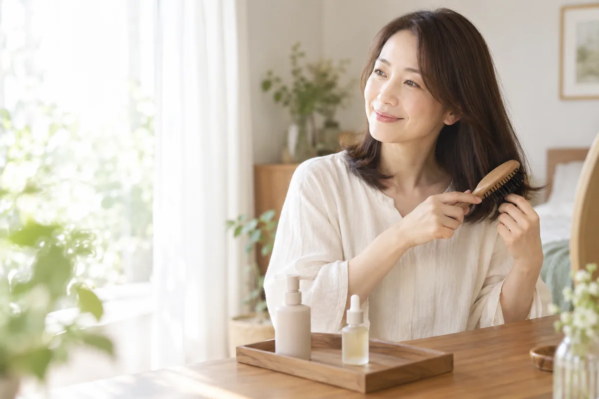 朝の光が入るドレッサーの前で、毛先にブラシを通し終えた40代の女性。手元のトレイに、無地の小さな容器が2つ離して置かれている