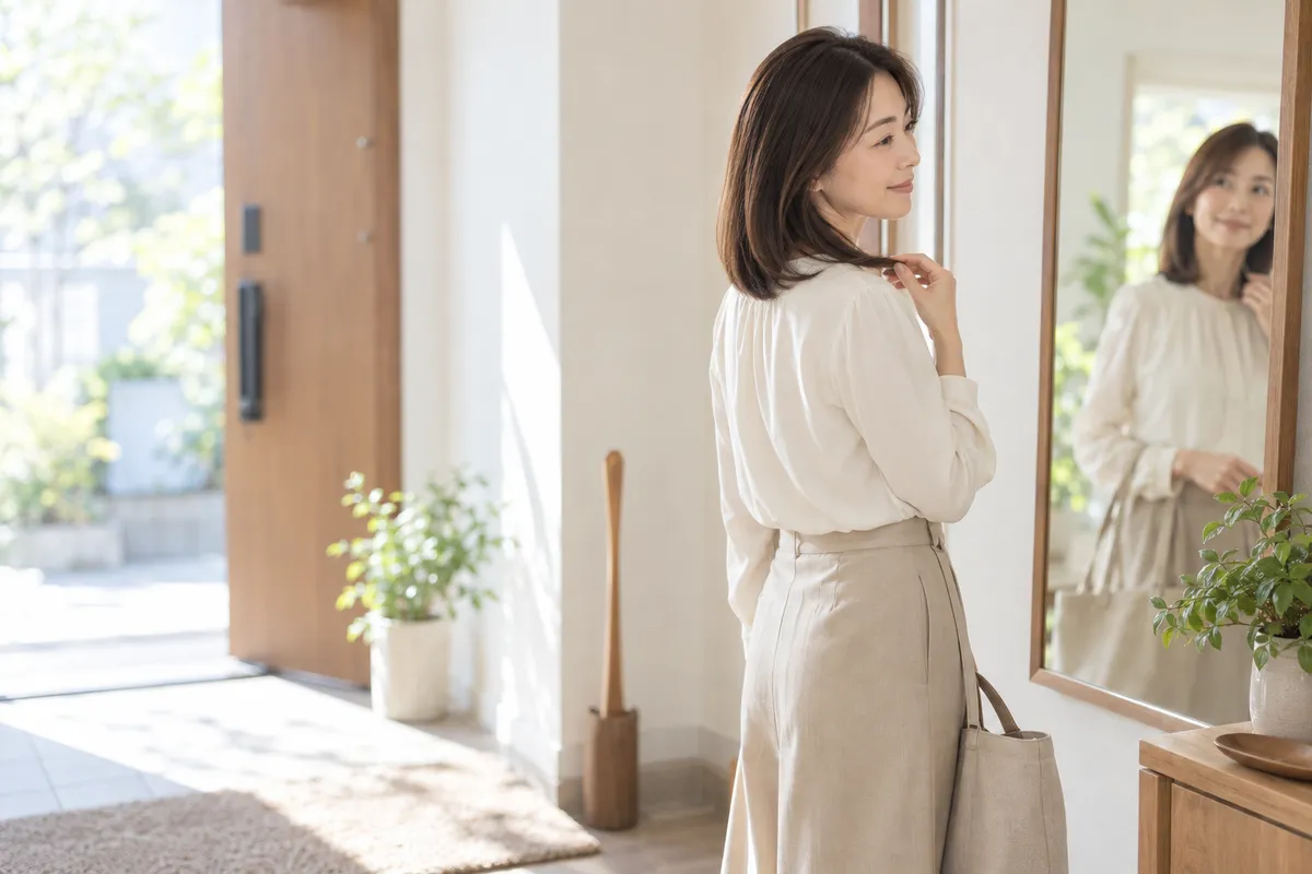 女性用育毛剤をいつから始めるかを考える場面のイメージ。朝の自然光が入る玄関で、出かける前の女性が姿見の前に立ち、肩にかかる毛先を片手で軽くつまんで長さを確かめている。もう片方の腕には布の鞄を提げ、鏡にはほほえむ顔が映っている